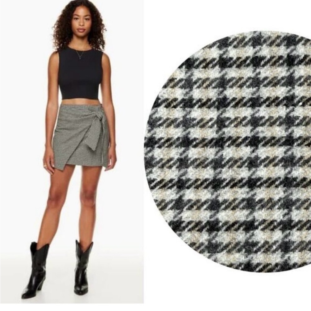 Wilfred Wool Wrap Front Skirt - Black and Gray and Cream Houndstooth Skirt